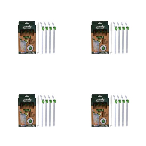 4x 4pc Eco-To-Go Glass Straw Turtle Heart Shaped Reusable with Cleaner Set