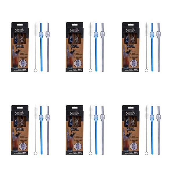 6x 2pc Eco-To-Go Glass Straw Skull Heart Shaped Reusable with Cleaner Set