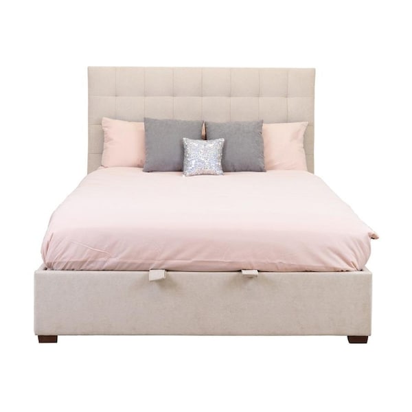St James Queen Bed Frame Gas Lift Storage Oatmeal Beige