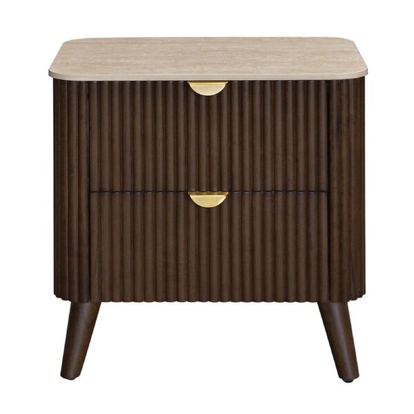 Milo Bedside Table 2 Drawer Sintered Stone Travertine Top Walnut