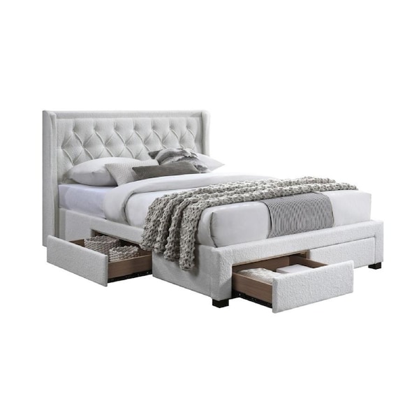Jacky King Size Bed Frame 4 Storage Drawers Boucle Fabric Ivory Cream