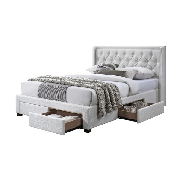 Jacky Queen Size Bed Frame 4 Storage Drawers Boucle Fabric Ivory Cream