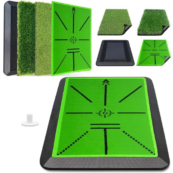 Advwin 3 in 1 Golf Practice Mat with Rough Turf, Short Turf & Sequins Swing Path Feedback Mat, Heavy Duty 42x30cm Rubber Base and 2" Rubber Tee