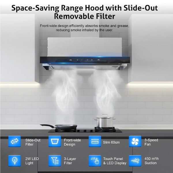 Advwin Range Hood 60cm 600mm, Slide Out Wall Mount Cooker Hood, Compact Canopy Hood, Under Cabinet/Over Stove Range Hood with LED Display, Aluminum Filter