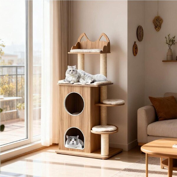 Costway 122CM Wooden Cat Tree w/2-floor Condo Cute Top Perch 3 Platform Washable Detachable Cushions Indoor