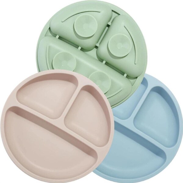 (3 Pack)Silicone Baby Suction Plates,Stay Put Divided Dish Feeding Plates for Toddler Kids Self Feeding, Unbreakable Portable Non Slip