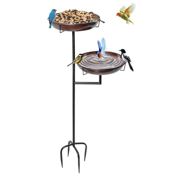 Bird Bath and Feeder Double 12Inch Bowls Metal Bird Feeder Birdbaths Freestanding Bird Bath Stand with Stakes for Garden Outdoors Decor Large Capacity