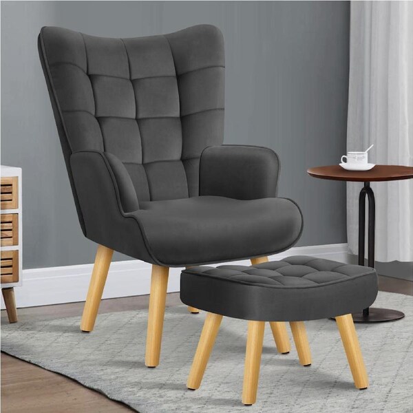 ALFORDSON Wooden Armchair Accent Chair Ottoman Lounge Sofa Couch Footstool Velvet Dark Grey