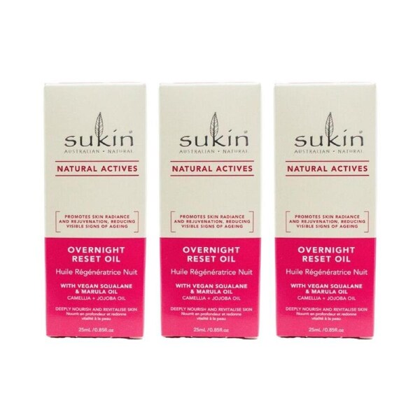 3PK Sukin Overnight Reset Oil/Serum Cemellia + Jojoba Oil Natural Skincare 25ml