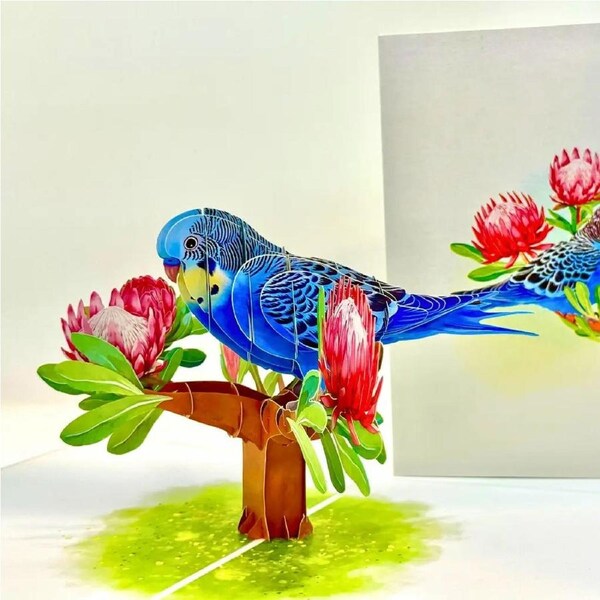 Blue & Yellow Budgie w/ Pink Protea Flowers Pop Card