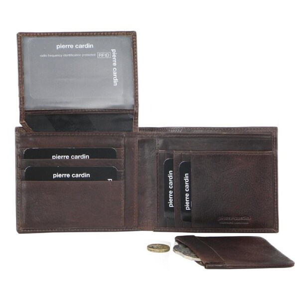 Pierre Cardin Mens Genuine Italian Leather Wallet Removable Coin Purse - Chocolate