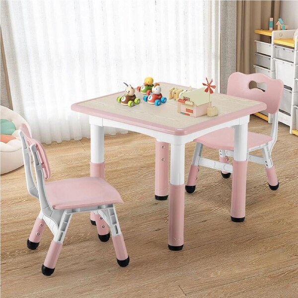 PlayPals Kids Table Chairs Set with Graffiti Desktop Height Adjustable 60x60cm Pink