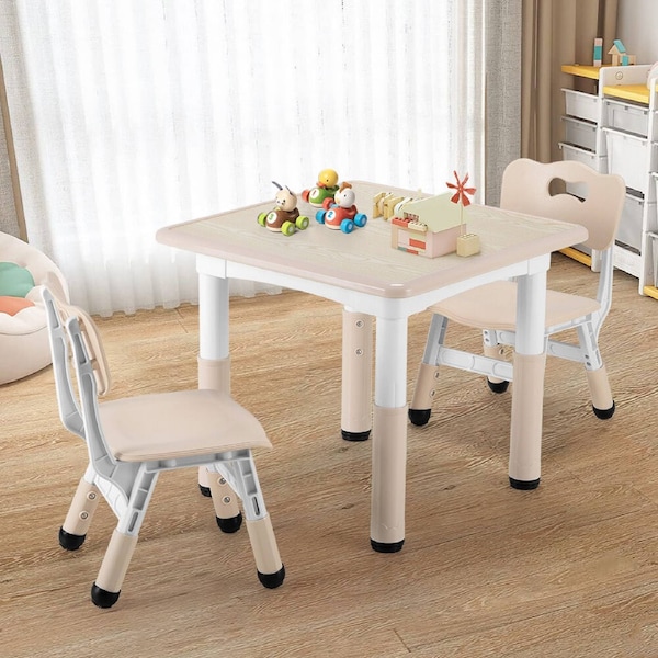 PlayPals Kids Table Chairs Set with Graffiti Desktop Height Adjustable 60x60cm Beige