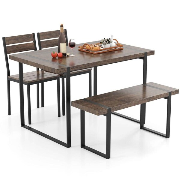 Giantex 4-Piece Wooden Rectangular Kitchen Table Dining Table Set w/1 Bench & 2 Armless Chairs Grey