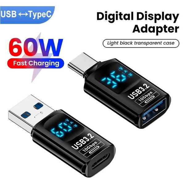Type-C Smart LED Display USB-C to USB3.2 Type-A Adapter 10Gbps Data Current Voltage Fast Charging Monitoring Display Tester
