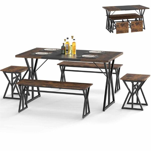 Costway 5-Piece Dining Set 4-6 People Industrial Rectangular Kitchen Table w/2 Benches & 2 Stools Metal Frame