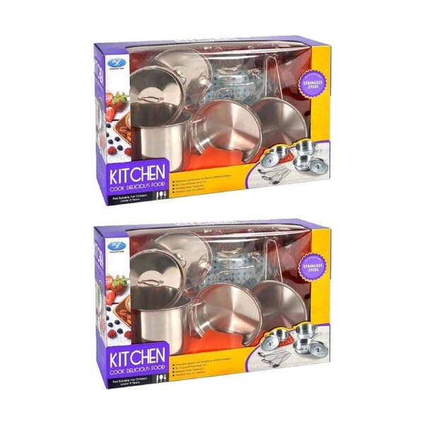 2x 9pc ABT Childrens Pretend Kitchen Cook Stainless Steel Set 3Y+