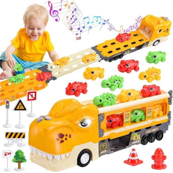 Catzon Dinosaur Truck Toys Set with Foldable Track Race Mode for 3+ Kids-Yellow