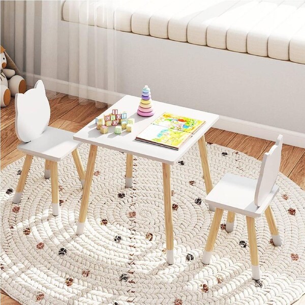 Giantex Table Chair Set Activity Kitten Square Desk & 2 Chairs Play Art Reading Eating White