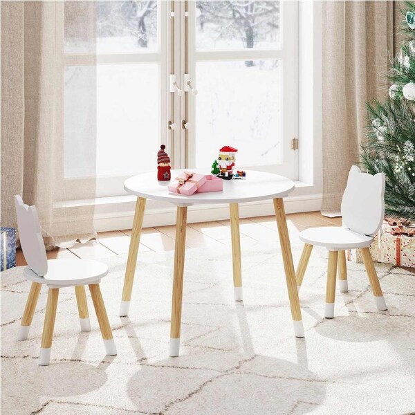 Giantex Table Chair Set Activity Kitten Round Desk & 2 Chairs Play Art Reading Eating White