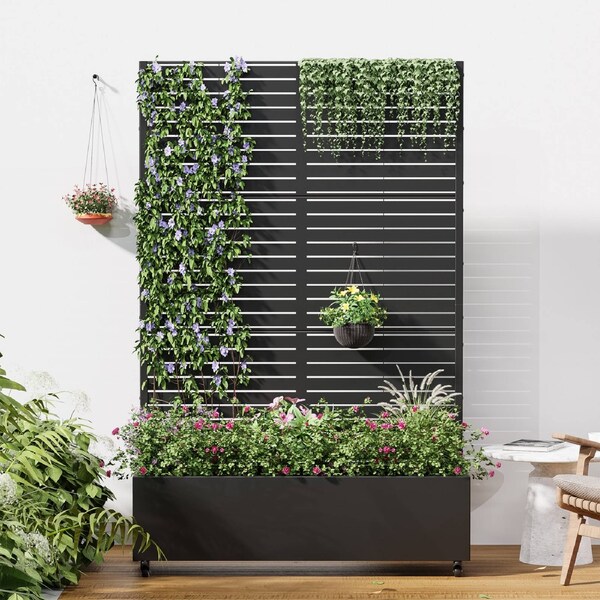 OAKORY 180cm Metal Planter Box with Privacy Screen and Lockable Wheels, Drainage Hole, Raised Garden Bed Design for Balconies, Gardens, indoor
