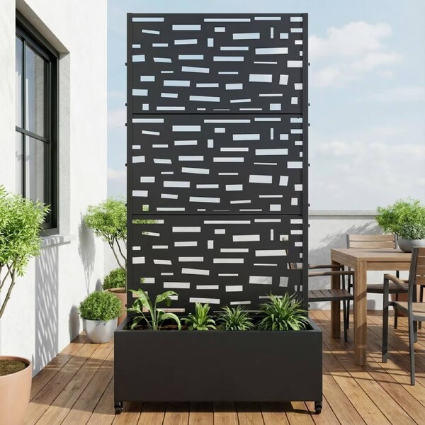 OAKORY 180cm Metal Planter Box with Privacy Screen and Lockable Wheels, Drainage Hole, Raised Garden Bed Design for Balconies, Gardens, indoor