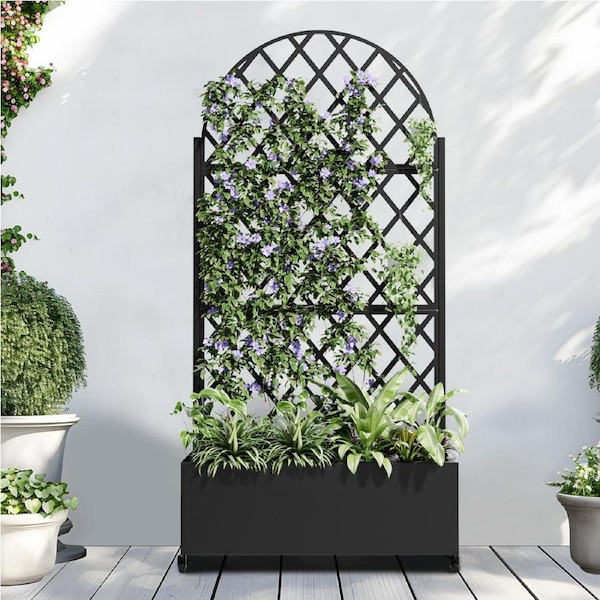 OAKORY 180cm Arch Metal Planter Box with Privacy Screen and Lockable Wheels, Drainage Hole, Raised Garden Bed Design for Balconies, Gardens, indoor