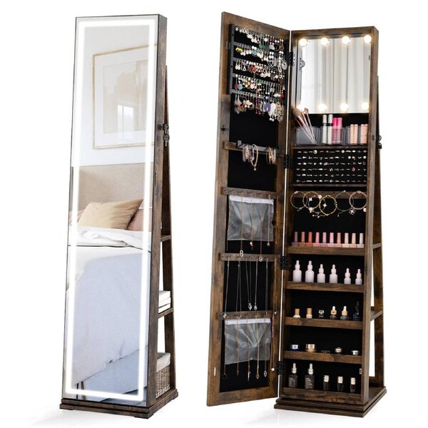 Giantex 360° Freestanding Jewelry Storage Organiser Swivel Jewelry Cabinet w/Mirror Brown
