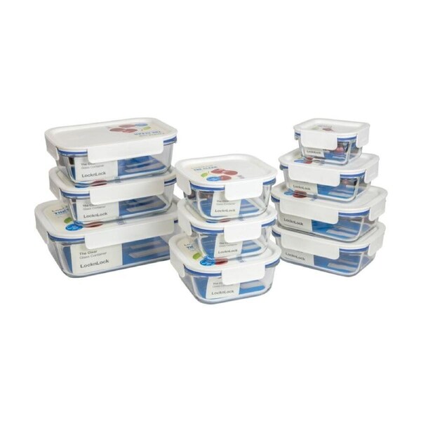 10pc LocknLock Clear Glass Food Storage Container Set Microwave Safe White Lid