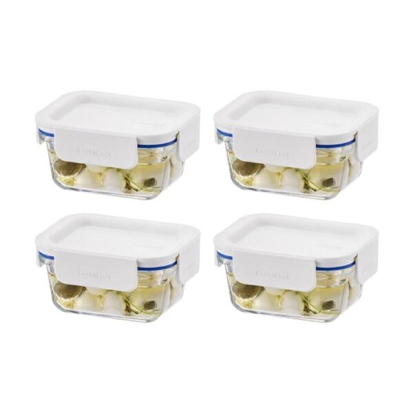 4PK LocknLock Clear Glass Food Storage Container Microwave Safe 380ml White Lid