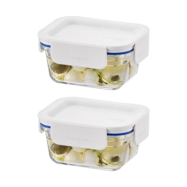 2PK LocknLock Clear Glass Food Storage Container Microwave Safe 380ml White Lid
