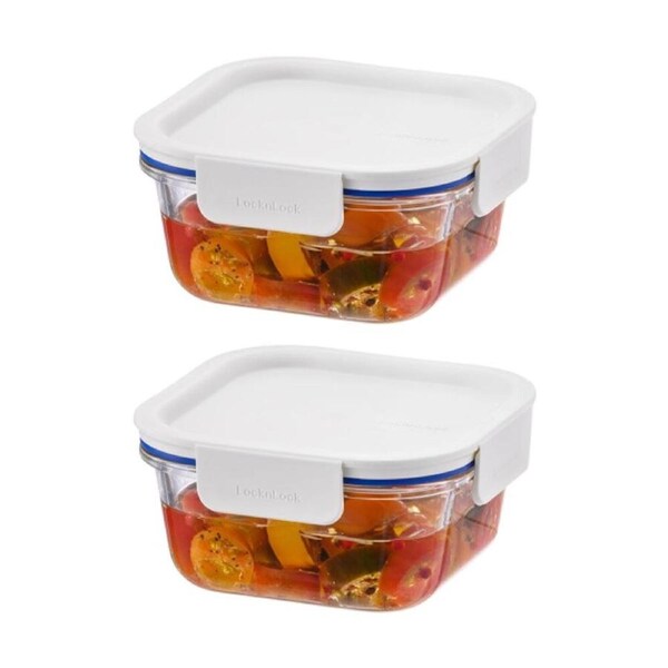 2PK LocknLock Clear Glass Food Storage Container Microwave Safe 500ml White Lid