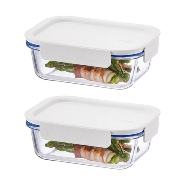 2PK LocknLock Clear Glass Food Storage Container Microwave Safe 630ml White Lid