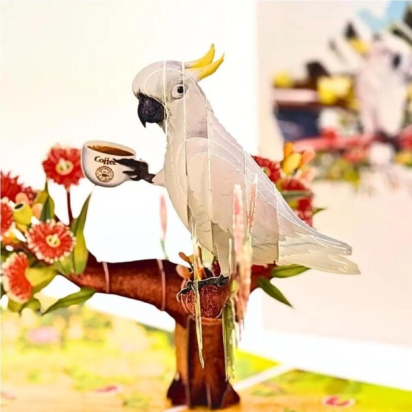 Australian Cockatoo Morning Coffee 3D Pop-Up Card