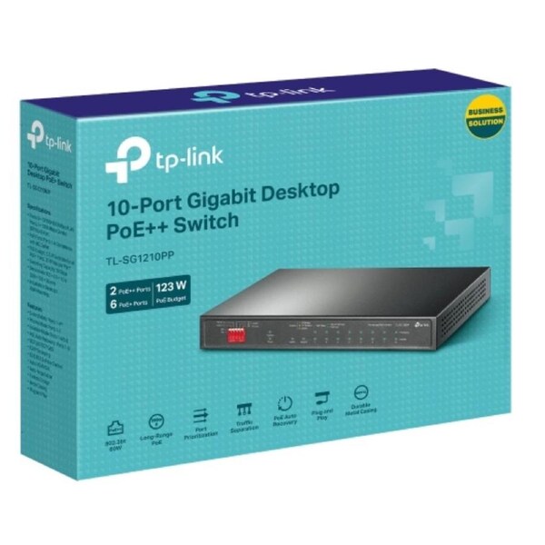 TP-Link TL-SG1210PP 10-Port Gigabit Desktop Switch with 6-Port PoE+ and 2-Port PoE++ , 9x 10/100/1000Mbps RJ45 Ports, 1x 1000Mbps Combo SFP/RJ45 Port
