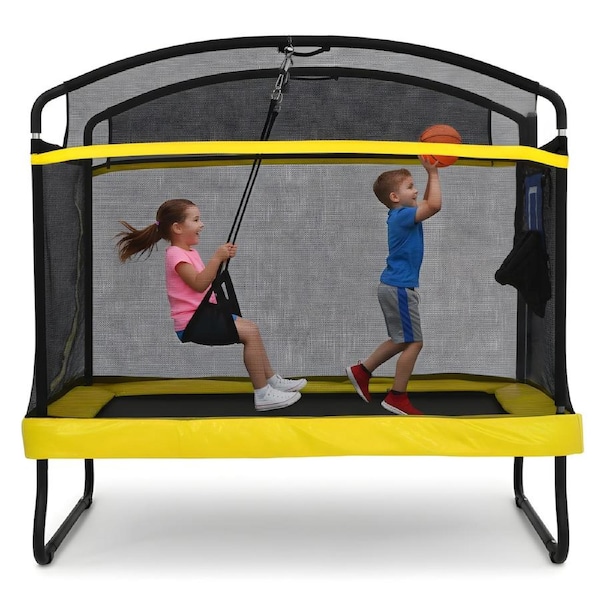 Advwin Trampoline for Kids with Basketball Hoop & Swing, Recreational Outdoor Backyard Trampoline for Children Birthday Gifts w/Safety Enclosure Net, Max Limit 150 kg, Yellow