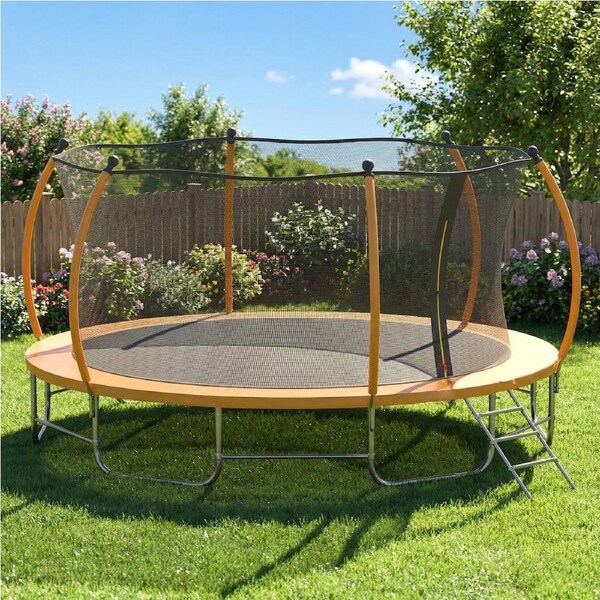 Advwin 12FT Trampoline Outdoor for Kids, Recreational Trampoline for Children Birthday Gifts w/Safety Enclosure Net, Ladder, Max Limit 150 kg Orange