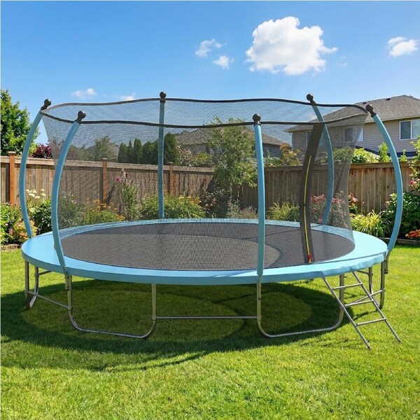 Advwin 14FT Trampoline Outdoor for Kids, Recreational Trampoline for Children Birthday Gifts w/Safety Enclosure Net, Ladder, Max Limit 150 kg Blue