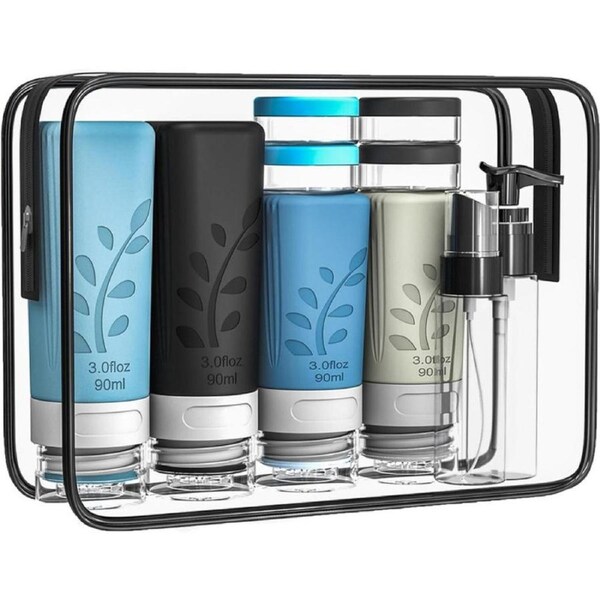 Travel Bottles Set for Toiletries, 18 Pack Travel Essentials Accessories Toiletries Set, Leak Proof Squeezable Silicone Containers with Labels for Shampoo, Conditioner Lotion Soap
