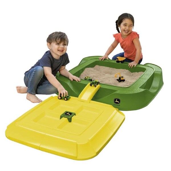 John Deere Sand Pit Play Box with Activity Lid Includes 5 Vehicles 18m+