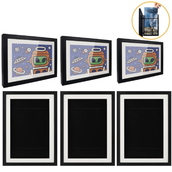ACA 6PCS Kids Art Frames A4&A3 Children Projects Storage Wooden Hanging Artwork Display Frame Table Stand Black Set