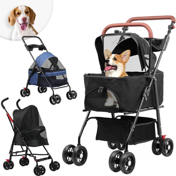Dog Stroller Pet Pram Foldable Cat Travel Pushchair Puppy Trolley 4 Wheels Blue