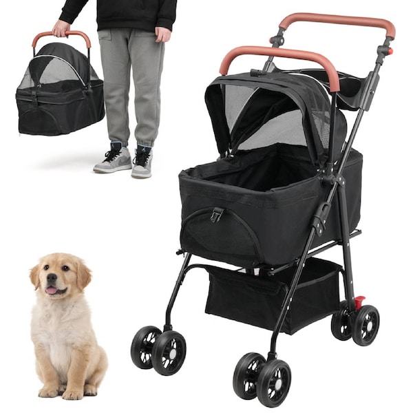 Dog Stroller Pet Pram Foldable Cat Travel Pushchair Puppy Trolley 4 Wheels Black-3in1