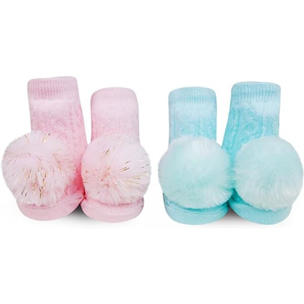 WADDLE Baby Pom Pom Rattle Socks : Light Pink & Teal (2 Pack/ 0-12 Mo.) 100570