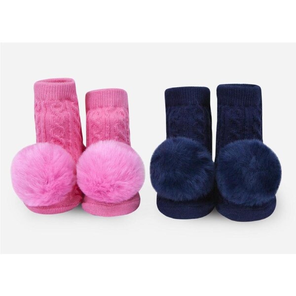 WADDLE Baby Pom Pom Rattle Socks : Rose & Navy (2 Pack/ 0-12 Mo.) 100700