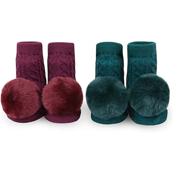 WADDLE Baby Pom Pom Rattle Socks : Maroon & Forest Green (2 Pack/ 0-12 Mo.) 100698