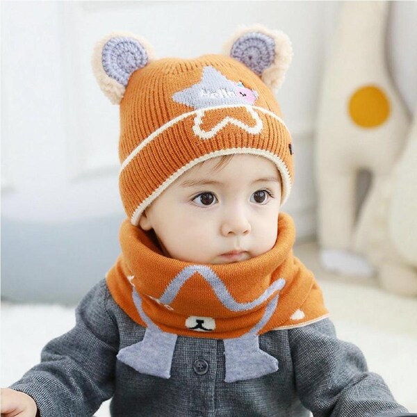 2 Pcs Orange Winter Warm Beanie Hats Bib Set Knitted Boys Girls Scarves