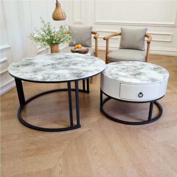 Nesting Coffee Table Set - Marble Slate Look, Metal Frame, Black and Gold