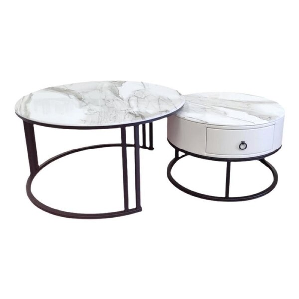 Nesting Coffee Table Set - Marble Slate Top, Metal Frame, Black and Gold