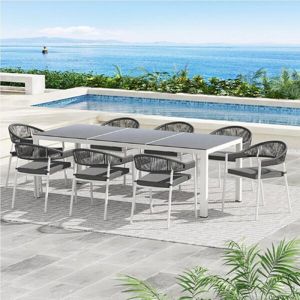 Outdoor Dining Set - 9-Piece Steel Frame with White Finish and Tempered Glass Tabletop